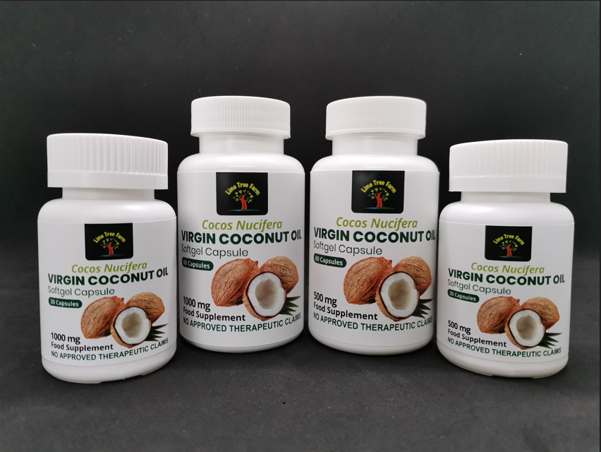 Four variants of Lime Tree Farm Virgin Coconut Oil Softgel Capsules
