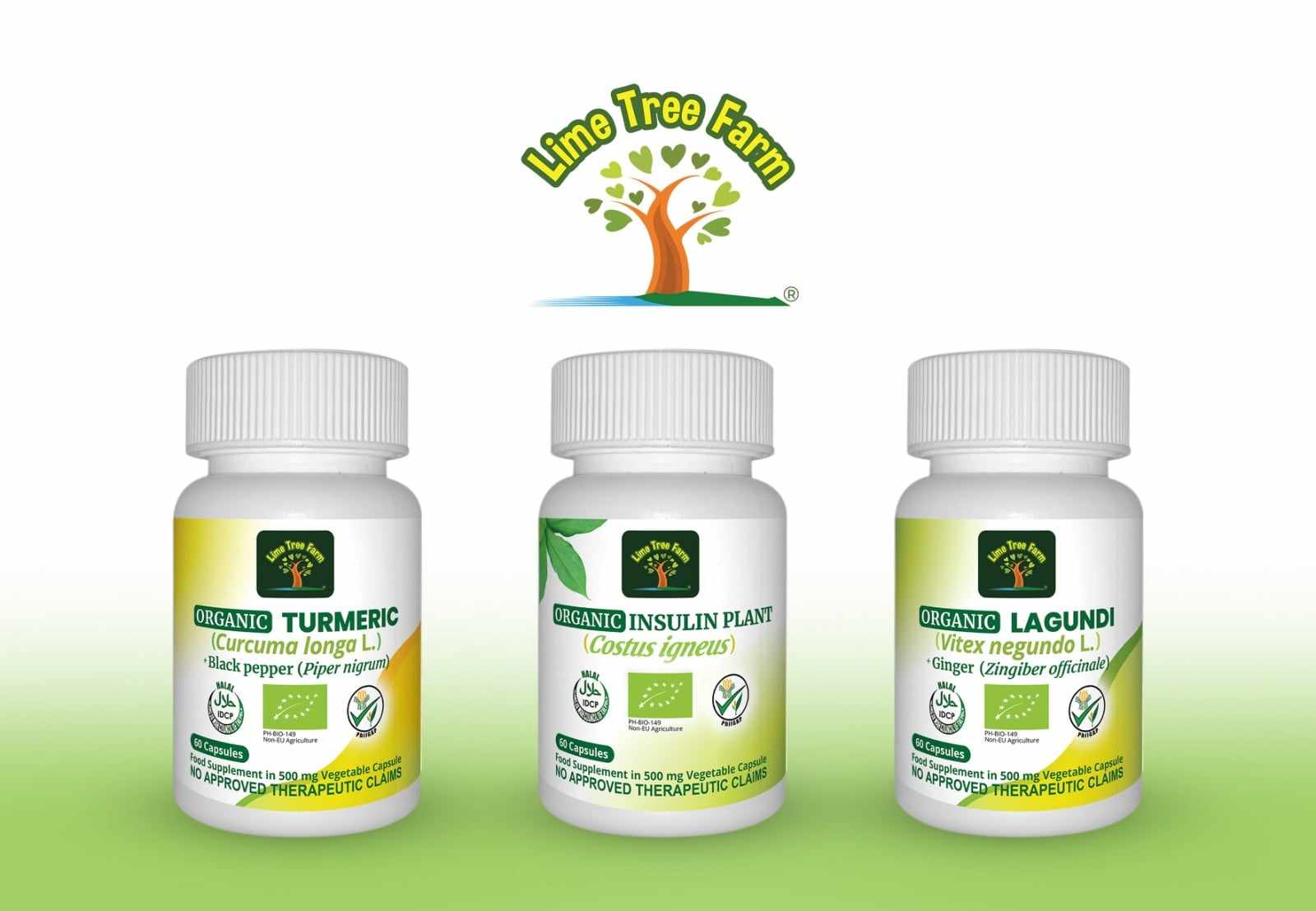 Lime Tree Farm Organic Turmeric + Black Pepper, Insulin Plant, and Lagundi + Ginger supplements